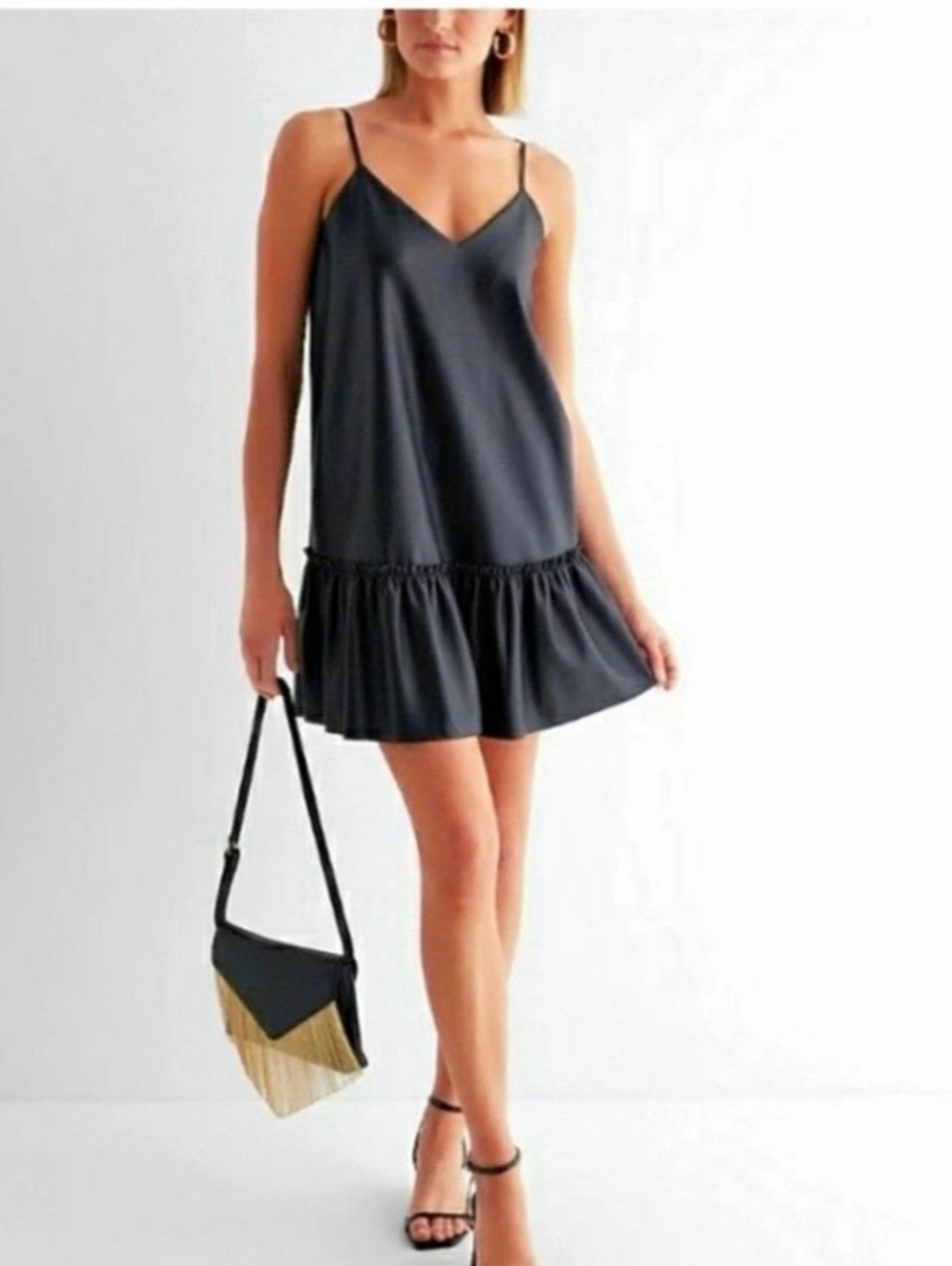 NWOT Express Faux Leather Drop Waist Ruffle Hem Mini Slip Dress~Black